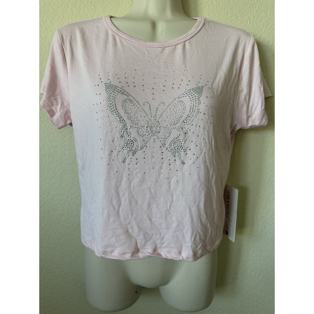 Orange Kiss Pink Rhinestones Butterfly Short Sleeve Crop Top Blouse Size L